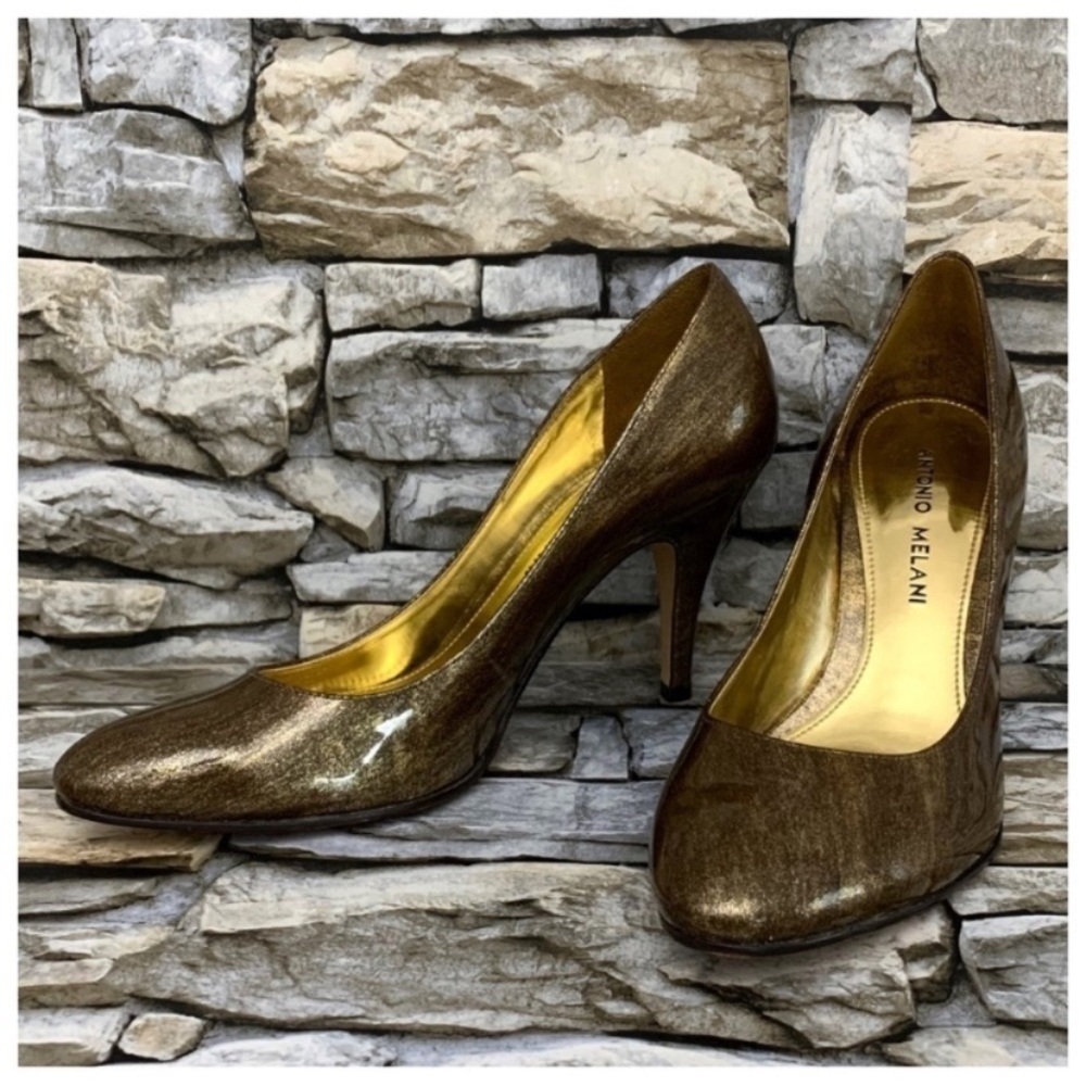 #07 Antonio Melani Stiletto Gold Black Leather Heels Pumps Shoe Women’s 6 Brazil - Picture 2 of 7